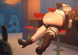 1girls better_with_salt female female_only huge_belly human revealing_clothes solo solo_female stuffed_belly sweat thick_thighs tight_clothing weight_gain
