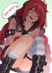 asymmetrical_legwear black_sailor_collar blush cardigan commentary english_text female green_background highres kukiyuusha long_hair mismatched_legwear no_panties open_mouth pink_cardigan polka_dot polka_dot_background pussy red_eyes red_hair sailor_collar school_uniform single_thighhigh smile solo squatting striped_clothes striped_thighhighs thighhighs ukinami_yuzuha uncensored zenless_zone_zero