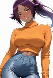 ai_generated bleach blue_pants blush breasts cowboy_shot crop_top cropped_sweater dark-skinned_female dark_skin denim female jeans large_breasts long_hair long_sleeves looking_at_viewer midriff pants parted_bangs parted_lips ponytail purple_hair ribbed_sweater shadowrealmarts shihouin_yoruichi simple_background smile solo sweater turtleneck turtleneck_sweater uncensored white_background yellow_eyes