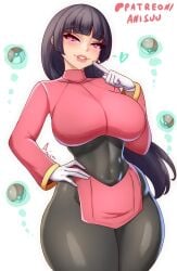 1girls anisdrawn artist_name bangs black_hair blunt_bangs blush breasts covered_navel female game_freak gloves large_breasts long_hair long_sleeves looking_at_viewer nintendo pokeball pokemon pokemon_rgby sabrina_(pokemon) simple_background solo solo_female solo_focus thick_thighs thighs turtleneck white_background white_gloves