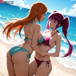 2d 2d_(artwork) 2d_artwork 2girls ahegao_ai ai_generated ass ass_focus big_breasts bikini bikini_bottom bikini_top bleach bleach:_sennen_kessen-hen bleach:_the_thousand-year_blood_war dokugamine_riruka inoue_orihime medium_breasts patreon patreon_link patreon_logo patreon_url patreon_username riruka watermark