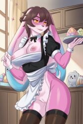 anjaide anthro blush breasts clothing easter easter_egg exposed_breasts female floppy_ears fur genitals hi_res holding_object holidays kitchen lagomorph legwear leporid lop_ears maid_uniform mammal nipple_piercing nipples piercing pink_body pink_fur pussy rabbit remmy_(remybunny) scut_tail short_tail solo stockings tail trans_(lore) trans_woman_(lore) uniform vulva