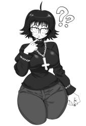 big_breasts black_and_white bobcut chain_bracelet cowlick cross_necklace female finger_on_chin glasses hourglass_figure human hunter_x_hunter jeans lips looking_to_the_side mossy_(artist) painted_fingernails pondering question_marks shizuku_murasaki sweater thick_thighs turtleneck_sweater wide_hips