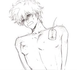 blush erect_nipples gag gagged gintama gintoki_sakata lactation male male_lactation male_only milking milking_machine monochrome tape_gag taped_mouth tears topless topless_male upper_body wy3163561826160