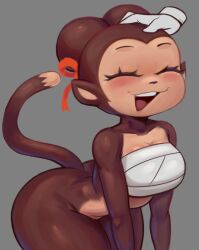 ami_(nebssik) anthro ass barely_visible_vulva biped blush bottomless breasts brown_body closed_eyes clothed clothing eyelashes female haplorhine mammal monkey nebssik open_mouth primate simple_background smile solo thick_thighs three-quarter_view