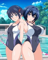 2girls arms_behind_back arms_behind_head bare_legs bare_shoulders blue_eyes blue_hair botan_nagatsuki cleavage collarbone hairclip large_breasts looking_at_viewer medium_breasts one_piece_swimsuit pool poolside school_swimsuit short_hair smile standing sweating tojou_michiru