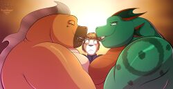 2d 2d_(artwork) 2d_artwork 3boys anthro anthro_on_anthro between_pecs brown_hair chubby chubby_anthro chubby_male closed_eyes digital_drawing_(artwork) digital_media_(artwork) dog_boy eel eel_boy fat_arms furry furry_male gay gay_male green_body homosexual homosexual_male jeffrey_beagle_(robthehoopedchipmunk) licking_ears makuna_(robthehoopedchipmunk) naga non-human oazan_(robthehoopedchipmunk) obese obese_anthro obese_male orange_body plaything robthehoopedchipmunk saliva saliva_drip saliva_drooling sandwiched scalie scalie_male size_difference size_play smooth_skin threesome two_tone_body two_tone_fur