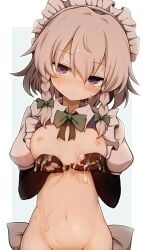 absurdres black_gloves blush bow bowtie braid commentary_request cum cum_on_body cum_on_hands elbow_gloves female gloves green_bow green_bowtie grey_hair hagure_kedama hairbow highres izayoi_sakuya looking_at_viewer maid_headdress navel puffy_short_sleeves puffy_sleeves purple_eyes short_hair short_sleeves solo touhou twin_braids upper_body