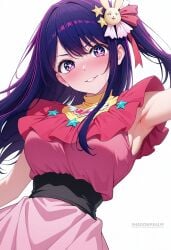 ai_generated armpits belt black_belt blush breasts dress female frilled_dress frills hair_ornament hair_ribbon hoshino_ai hoshino_ai_(oshi_no_ko) idol_clothes jewelry large_breasts long_hair looking_at_viewer one_side_up oshi_no_ko parted_lips pink_dress pink_ribbon purple_eyes purple_hair rabbit_hair_ornament ribbon shadowrealmarts sidelocks simple_background sleeveless sleeveless_dress smile solo star-shaped_pupils star_(symbol) star_hair_ornament symbol-shaped_pupils turtleneck_dress uncensored white_background