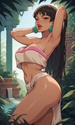 1girls ai_generated bare_shoulders big_breasts black_hair blunt_bangs brown_eyes chel chel_(the_road_to_el_dorado) curvy curvy_female dark-skinned_female dark_skin dreamworks earrings female female_only hands_behind_head her_brother_drives_a_subaru jungle lipstick loincloth long_hair mommy nature open_mouth outdoors pelvic_curtain posing self_upload solo stable_diffusion the_road_to_el_dorado thighs tubetop