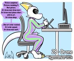 2024 4_fingers abstract_background anthro art_tablet biped black_text blue_background bodysuit brainwashing chair clothed clothing collar computer dialogue digital_media_(artwork) dragon drawing drone electronics english_text erection erection_under_clothing fingers furniture glistening green_clothing green_skinsuit hi_res horn hypnosis hypnovember latex male mind_control mythological_creature mythological_scalie mythology power_symbol purple_clothing purple_collar purple_skinsuit purple_speech_bubble scalie signature simple_background skinsuit solo soul-silver-dragon soul-silver-dragon_(character) speech_bubble spiral swivel_chair text tight_clothing toony yellow_horn