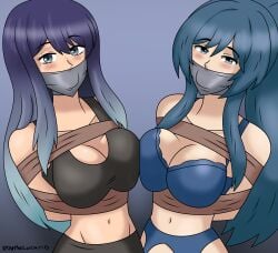 2025 2girls belly_button black_bra black_pants blue_bra blue_hair blush bondage breast_press breast_squish crossover garter_belt gradient_hair jaku-chara_tomozaki-kun kurokawa_akane looking_at_viewer nanami_minami oshi_no_ko rope_bondage roythelucario self_upload sports_bra tape tape_gag