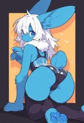 ai_generated anthro ass big_ears blue_body blue_eyes blue_fur butt claws clothing eyebrows female fingerpads fluff legwear long_hair looking_at_viewer looking_back neck_tuft one-piece_swimsuit pawpads pose presenting_hindquarters rabbit short_tail fur hybrid hair posing simple_background solo swimwear thigh_highs translucent_clothing tuft white_hair