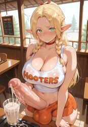 ai_art ai_generated annoyed annoyed_expression balls_under_clothes blonde_hair blush civitai cum cum_drip cum_shot cum_spurt cum_string cumming cumming_in_cup cumshot delicious_in_dungeon dickgirl dickgirl_only elf elf_ears foreskin futa_only futanari futanari_masturbation green_eyes handjob heavy_blush hi_res highres hooters hooters_uniform huge_balls huge_breasts huge_cock looking_at_viewer marcille_donato masturbating_futa masturbation midriff navel patreon penis_out stable_diffusion twitter twitter_username uncircumcised waitress waitress_uniform yuckle