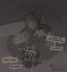 absurd_res after_sex anthro backsack balls beard bodily_fluids body_hair butt_hair chest_hair closed_eyes crocodile crocodilian cum cum_in_mouth cum_inside cum_on_face cum_on_penis duo eyebrows facial_hair felid genital_fluids genitals hi_res lion lying male male/male mammal on_back orion_(xeoniios) pantherine patreon patreon_logo penis reptile scalie size_difference speech_bubble thick_eyebrows thrastor_(xeoniios) worried xeoniios