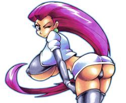 1girls areola ass big_ass big_breasts black_panties blue_eyes boots breasts dat_ass female female_only hallowgazer huge_breasts jessie_(pokemon) large_breasts long_hair panties pokemon purple_hair solo team_rocket thigh_boots thighhighs transparent_background underboob upskirt wink winking