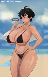 beach big_ass big_breasts big_thighs bikini black_hair breasts female fn_rhapsody highres huge_ass huge_breasts huge_thighs naoki_hanna pov short_hair sweat sweaty sweaty_breasts swimsuit tan-skinned_female tan_body tan_skin tanned text text_bubble wide_hips