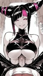 1boy 1girls ai_generated breasts cleavage evil_female evil_grin female gesugao huge_breasts huge_cock juri_han male male/female paizuri paizuri_under_clothes paralap penis street_fighter tagme