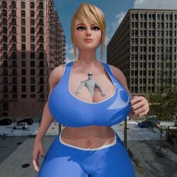 1girls ass athletic big big_breasts blonde_hair breasts clothed female focus from giant giant_female giantess gigantic_breasts gym_clothes hair huge huge_boobs huge_breasts light light-skinned metroid muscular only position samus_aran scrag_boy scrag_samus size_difference skin solo toned top yoga_pants