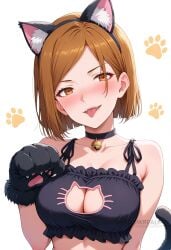 ai_generated animal_ear_fluff animal_ears animal_hands bare_shoulders bell black_bra black_choker blush bra breasts brown_eyes brown_hair cat_cutout cat_ears cat_lingerie cat_paws cat_tail choker cleavage cleavage_cutout clothing_cutout collarbone fake_animal_ears fangs female frilled_bra frills gloves hand_up jingle_bell jujutsu_kaisen kugisaki_nobara large_breasts looking_at_viewer meme_attire neck_bell open_mouth paw_gloves paw_pose paw_print shadowrealmarts short_hair simple_background smile solo tail teeth tongue tongue_out uncensored underwear upper_body white_background