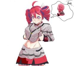 1girls 2d 2d_(artwork) ahoge belly big_breasts breasts clothed clothed_female clothing crop_top cropped_jacket curvy curvy_female curvy_figure exposed_belly exposed_midriff exposed_torso fatass_teto_plush female female_only fully_clothed hair_ornament hairbow kasane_teto kasane_teto_(sv) large_breasts nail_polish navel painted_nails red_eyes red_hair red_nails shirt_lift skirt solo solo_female synthesizer_v thick_thighs thighs thought_bubble toned_stomach twin_drills utau white_background wide_hips