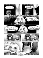 aged_down anthro asriel_dreemurr bandage blood_on_face blush chara chasriel comic_page concerned cute fireplace flashback furry furry_male human human_female hurt if_happy injury more_chasriel offering_food recovering repost rosy_cheeks sfw short_hair short_hair_female toriel whitewo1f