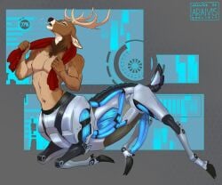 2025 5_fingers antlers araivis-edelveys brown_body brown_fur cloven_hooves countershade_fur countershade_torso countershading cybernetics cyborg deer deer_taur digital_media_(artwork) erection fingers fur genitals green_eyes hi_res hooves horn inner_ear_fluff looking_at_viewer machine male mammal mammal_taur navel open_mouth penis side_view simple_background solo tail taur teeth tongue tuft