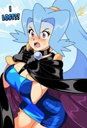 1girls blue_dress blue_hair breasts cape clair_(pokemon) clair_(pokemon_gsc) cleavage dress english_text female large_breasts long_hair nicolasgravelqc nintendo open_mouth pokemon pokemon_gsc ponytail purple_eyes solo solo_female solo_focus sweat thighs tongue