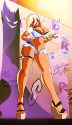 1girls bra breasts clothing daisy_dukes ear_piercing earrings female female_only graffiti graffiti_on_wall gyaru heels hex_maniac hex_maniac_(z-a) leopard_print navel_piercing painted_nails panties piercing png pokeball pokemon pokemon_legends:_z-a shirt shoes shorts solo tanned thick_thighs wide_hips zedrin