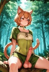 1boy ai_generated balls branch cat_ears cat_tail cosplay crossover crossover_cosplay felix_argyle fire_emblem fire_emblem:_path_of_radiance forest forest_background futanari green_shorts intersex lethe_(fire_emblem) lethe_(fire_emblem)_(cosplay) male nintendo orange_eyes orange_hair penis re:zero_kara_hajimeru_isekai_seikatsu shirt sitting sitting_on_branch steven1472 tree