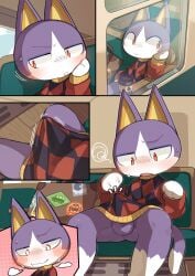 2025 5_panel_comic absurd_res animal_crossing anthro arms_bent ass balls bent_legs bigoyatsu blue_body blue_ears blue_fur blue_tail blush bodily_fluids bottomless bottomless_anthro bottomless_male bulge bus butt_from_the_front checkered checkered_clothing checkered_sweater checkered_topwear clothed clothed_anthro clothed_male clothing cloud cloud_emanata coffee_cup comic commercial_vehicle container cup day detailed_background digital_media_(artwork) dipstick_tail domestic_cat emanata erection erection_under_clothing eyebrows felid feline felis floor frustration_cloud fur genitals glowing glowing_eyes hand_on_face hi_res inside leg_markings looking_aside looking_at_bulge looking_down_at_self luggage male male_anthro mammal markings motion_lines mouth_closed multicolored_body multicolored_fur narrowed_eyes nervous nervous_sweat nintendo noseless open_mouth pattern_clothing pattern_sweater pattern_topwear pointy_ears prick_ears red_clothing red_eyes red_sweater red_topwear rover_(animal_crossing) shaded sitting sky socks_(marking) solo spread_legs spreading squiggle_mouth sweat sweatdrop sweater tail tail_markings tan_inner_ear thick_thighs topwear topwear_only turtleneck two_tone_body two_tone_fur two_tone_tail vehicle white_body white_fur white_tail_tip window wood wood_floor
