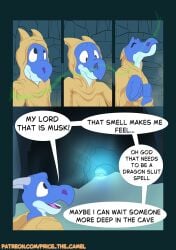 anthro cave comic comic_panel dragon feet genitals hi_res male musk mythological_creature mythological_scalie mythology penis pricethecamel roleplay scalie sex slim smell smelly smile sniffing solo tail text