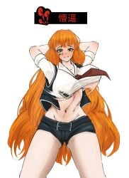 1girls arms_behind_head arms_up big_breasts blush booty_shorts breasts female female_only hypnosis hypnosis ishmael_(limbus_company) large_breasts limbus_company long_hair looking_at_viewer midriff navel no_bra orange_hair project_moon shorts simple_background smile solo swaying_breasts swinging_breasts swirly_eyes thick_thighs underboob very_long_hair white_background yellow_eyes