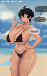 beach big_ass big_breasts big_thighs bikini black_hair breasts female fn_rhapsody huge_ass huge_breasts huge_thighs naoki_hanna pov short_hair sweat sweaty sweaty_breasts swimsuit tan-skinned_female tan_body tan_skin tanned text text_bubble wide_hips