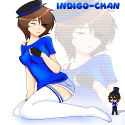 basic_background black_eyes blue_pupils blue_shirt brown_hair fedora freaky gacha_life gloves gorebox indigo_guy_(goreboxtuber) looking_at_viewer narabel_rika one_eye_closed rule_63 sexy sfw short_pants white_socks