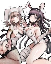 2girls animal_ears bare_shoulders breasts cleavage danganronpa danganronpa_2:_goodbye_despair detached_collar fake_animal_ears female female_only grin ikemen'na_ore-shi large_breasts leotard long_hair looking_at_viewer mole mole_on_breast mole_under_eye multiple_girls nanami_chiaki playboy_bunny rabbit_ears rabbit_tail smile strapless strapless_leotard sweat tail tsumiki_mikan