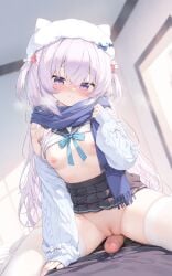 bedroom clothes_lift highres lxns nipples penis purple_hair pussy pussy_juice skirt skirt_lift thighhighs uncensored white_thighhighs