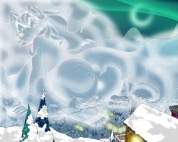 absurd_res animate_inanimate anthro big_breasts blizzard_(weather) breasts canid canine canis elemental_creature female genitals hi_res huge_breasts innie_vulva looking_at_viewer macro macro_female magical_creature mammal mineral_fauna natural_disaster snow snow_creature solo storm_clouds tinydevilhorns town vulva wolf yuni_hermit