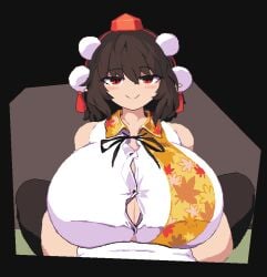 1futa 1girls alternate_breast_size animated animated_gif bare_shoulders black_background black_hair black_ribbon blush breasts brown_hair button_gap cleavage closed_mouth clothed_paizuri collared_shirt female futa_on_female futa_pov futanari gigantic_breasts hair_between_eyes hat huge_breasts human inubashiri_momiji jaggy_lines leaf_print light-skinned_female light-skinned_futa light_skin looking_at_viewer medium_hair momiji_inubashiri namako_(takorin) neck_ribbon paizuri paizuri_under_clothes pointy_ears pom_pom_(clothes) pov red_eyes red_headwear ribbon shameimaru_aya shirt short_hair simple_background sleeveless sleeveless_shirt smile solo_focus straight straight-on takorin thighhighs tokin_hat touhou touhou_project upper_body white_shirt