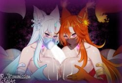 1boy 2girls @_@ ass bare_shoulders blue_gloves blue_hair breast_press breasts censored choker collarbone commission cooperative_paizuri cum cum_on_body cum_on_breasts elbow_gloves english_commentary fellatio ffm_threesome fox_girl gloves glowing glowing_heart glowing_penis group_sex hair_ornament highres huge_breasts hypnosis indie_virtual_youtuber mind_control mouth_veil multicolored_hair multiple_girls oral orange_hair orange_tail paizuri penis ryncka smug_alana snowflake_hair_ornament straight symmetrical_docking teamwork_(sexual) threesome two-tone_hair veil virtual_youtuber white_hair white_tail