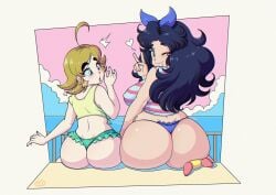 2024 2girls ahoge ass big_ass bikini black_hair blue_bikini blue_eyes blush borrowed_character bow brown_eyes brown_hair earrings frilled_bikini from_behind green_bikini hairbow heart long_hair looking_at_viewer looking_back medium_hair mina_(omegalife) no_pants omegalife original sitting sitting_on_another smile surprised tagme the_magic_minadventures