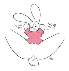 anthro blush breasts closed_eyes clothing english_text female fur hands_behind_head heart kilinah kony_kon lagomorph legs_up long_ears lying mammal mostly_nude presenting presenting_pussy pussy rabbit shirt simple_background smile spread_legs spreading text white_background white_fur