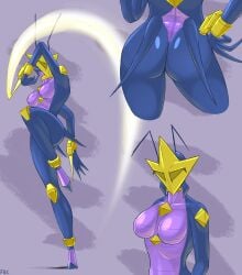 ant antennae_(anatomy) anthro armor ass ass_focus claws collar facrec featureless_breasts female hi_res insects long_fingernails mandibles mask matriarch_(voidigo) medium_breasts multiple_views posing scalie self_upload simple_background solo voidigo