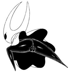 anus black_and_white black_skin bottomless clothed clothing exed_eyes female hollow_knight hornet_(hollow_knight) monochrome pussy rear_view simple_background solo spread_legs spreading upskirt white_background