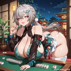 ai_generated big_ass big_breasts bikini bikini_top bimbo braid brown_hair chinese_clothes gachareverse green_eyes hair_ornament hairpin honkai:_star_rail huge huge_breasts leaning_forward long_sleeves mahjong qingque_(honkai:_star_rail) skirt sleeves smiling smiling_at_viewer table twintails