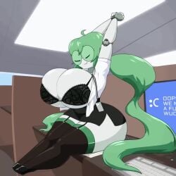 1girls aniamted artist_request bit_(zedrin) curvy green_skin huge_breasts long_hair office_lady tagme thick_thighs video