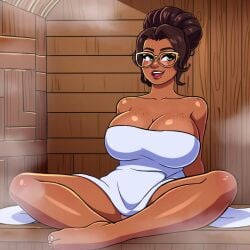 1girls ai_generated arcane big_breasts big_breasts breasts breasts brown_hair brown_skin cleavage female female female_focus female_only glasses huge_boobs huge_breasts large_boobs large_breasts league_of_legends no_bra sauna short_hair sitting sky_young smile solo solo_female solo_focus towel towel_around_waist towel_only towel_over_breasts towel_wrap