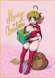 1girls 2024 ahoge blue_eyes boots bow_panties bra breasts brown_hair candy_cane cape choker christmas christmas_outfit cleavage earrings english_text frilled_bra frilled_panties hair_ornament heel_boots large_breasts looking_at_viewer medium_hair mina_(omegalife) mistletoe omegalife original panties present red_bra red_panties standing tagme text the_magic_minadventures thick_thighs thighhigh_boots thighs