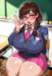 1girls academy_d.va ai_generated big_breasts bimbo blizzard_entertainment blush braid braided_hair braided_twintails breasts breasts_bigger_than_head brown_eyes brown_hair classroom d.va facepaint fellatio_gesture female gigantic_breasts glasses huge_ass huge_breasts lipstick long_hair lustful_gaze massive_breasts musk oral_invitation overwatch overwatch_2 overwatch_league pink_lipstick pinwheeler saliva school_uniform schoolgirl seductive seductive_look sitting sitting_on_chair skirt smile sweat thick_thighs tongue tongue_out wide_hips
