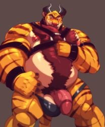 1boy animal_genitalia anthro armlets balls belt big_muscles big_penis body_hair bondage bondage_gear bound bovine brown_stripes cattle chest_hair clothing cursedmarked erection facial_hair facial_piercing feline fur half-erect hand_on_stomach hand_on_thigh happy_trail hi_res horn humanoid_penis hybrid looking_at_viewer male male_only mammal musclegut muscular nipple_piercing nipples nose_piercing nude orange_fur partially_retracted_foreskin pecs penis piercing pose pubes ring risk_breaceleteye_closed slightly_chubby smile solo stripes tarke thong tiger tigerbull uncut underwear vein veiny_penis werelion2003 yellow_fur